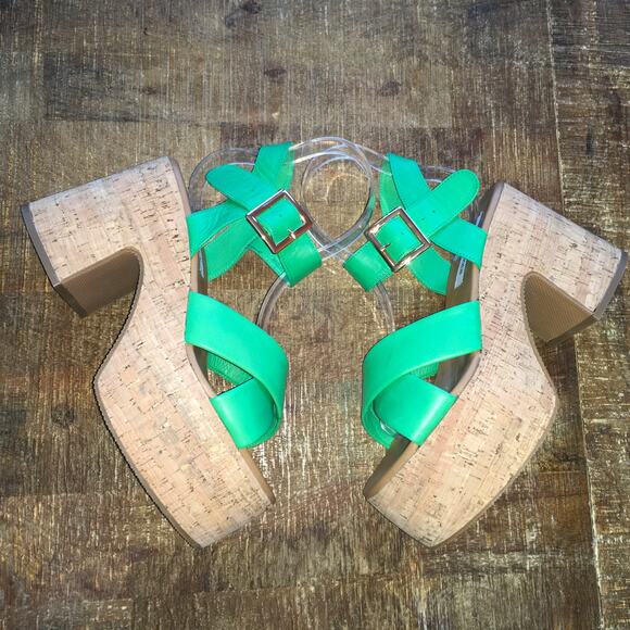 Steve Madden Palmer Platform Sandal Womens 11 Bright Green Cork Chunky Retro 70s - Picture 7 of 10
